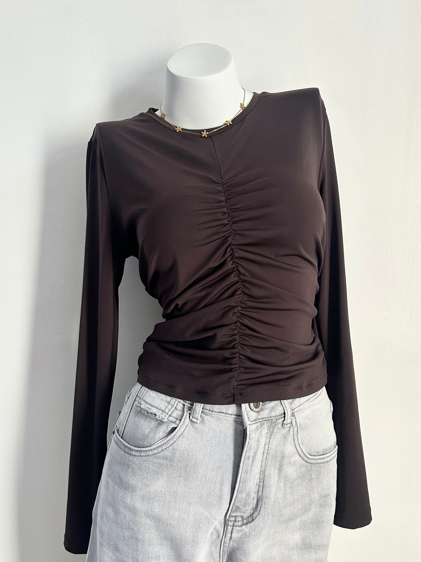 Dark brown draped long sleeve top