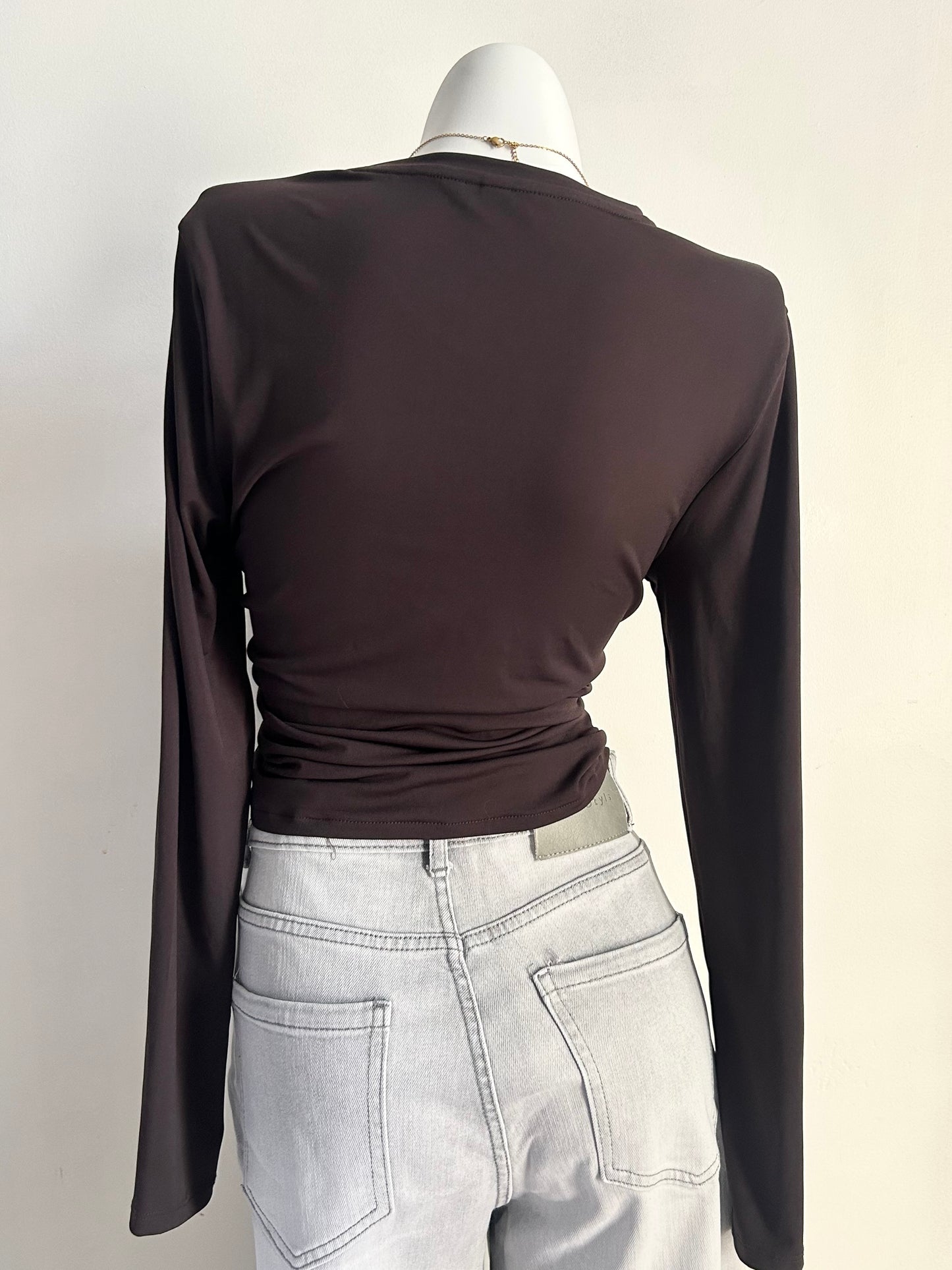 Dark brown draped long sleeve top