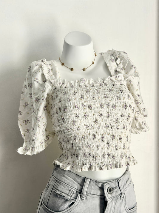 White floral ruffle top